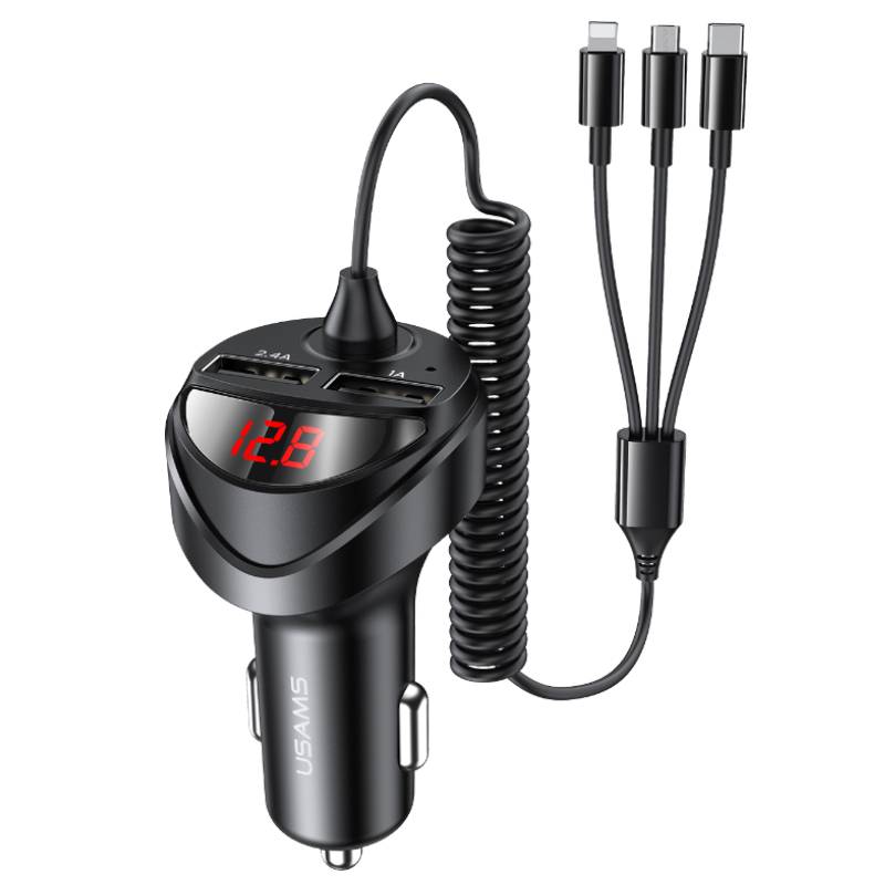 Usams 3 in 1 Spring Cable 3.4A Dual USB Car Charger Usams 3 in 1 Spring Cable 3.4A Dual USB Car Charger