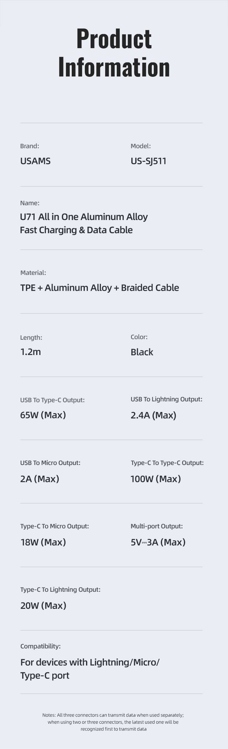 USAMS US-SJ511 U71 All in One Aluminum Alloy Fast Charging & Data Cable