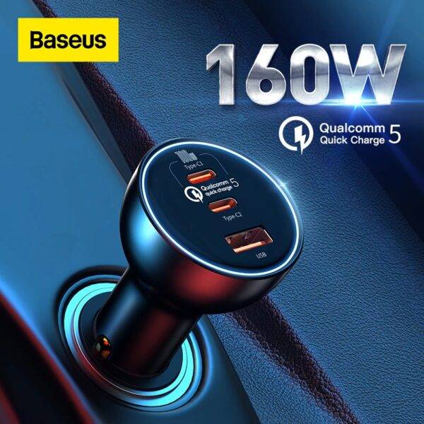 BASEUS 160W Multi-Port Car Charger Fast with Qualcomm QC 5.0 Type-C + Type-C + USB Power Adapter