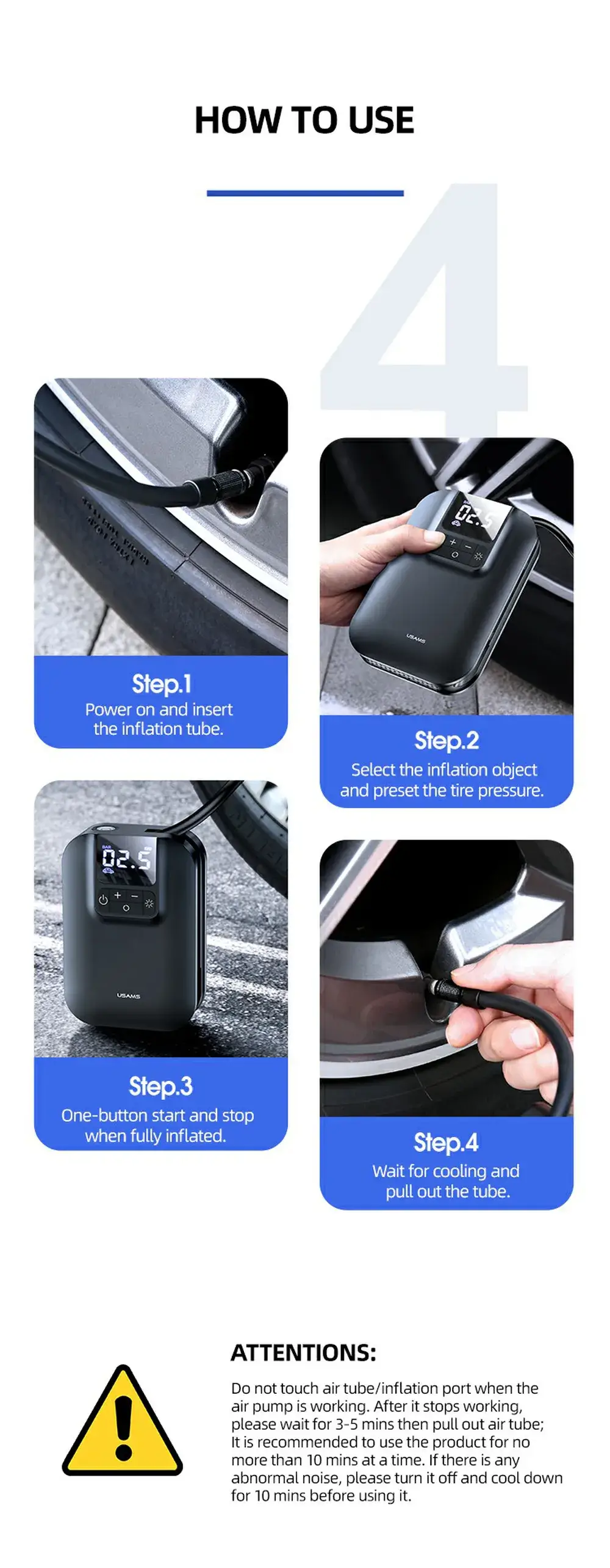 USAMS US-ZB215 Mini Digital Electric Tyre Tire Inflator Compact 5000mAh Auto Air Inflatable Pump for Car and Bicycle
