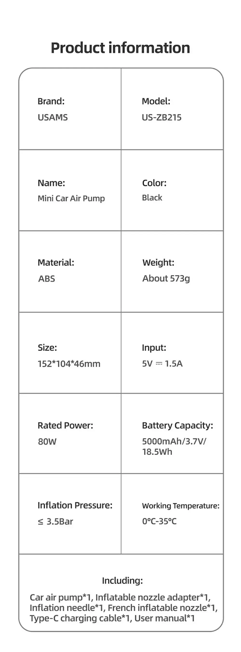 USAMS US-ZB215 Mini Digital Electric Tyre Tire Inflator Compact 5000mAh Auto Air Inflatable Pump for Car and Bicycle