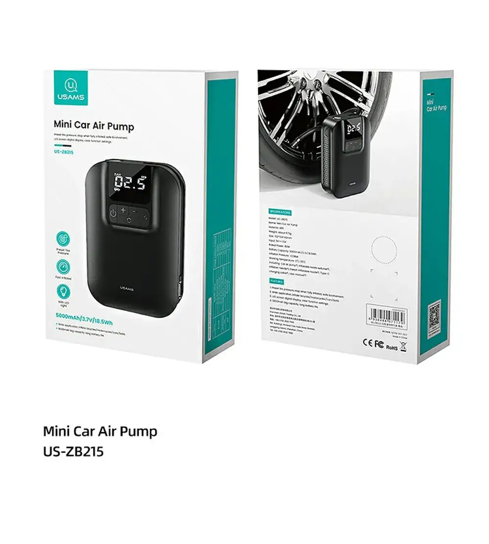 USAMS US-ZB215 Mini Digital Electric Tyre Tire Inflator Compact 5000mAh Auto Air Inflatable Pump for Car and Bicycle