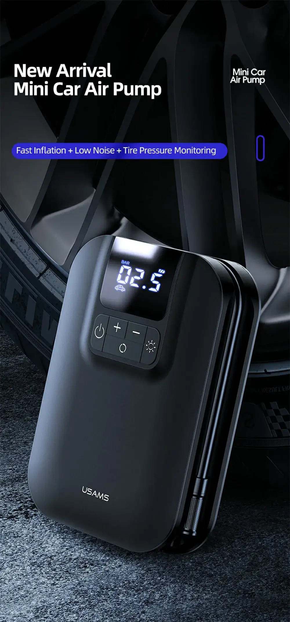 USAMS US-ZB215 Mini Digital Electric Tyre Tire Inflator Compact 5000mAh Auto Air Inflatable Pump for Car and Bicycle
