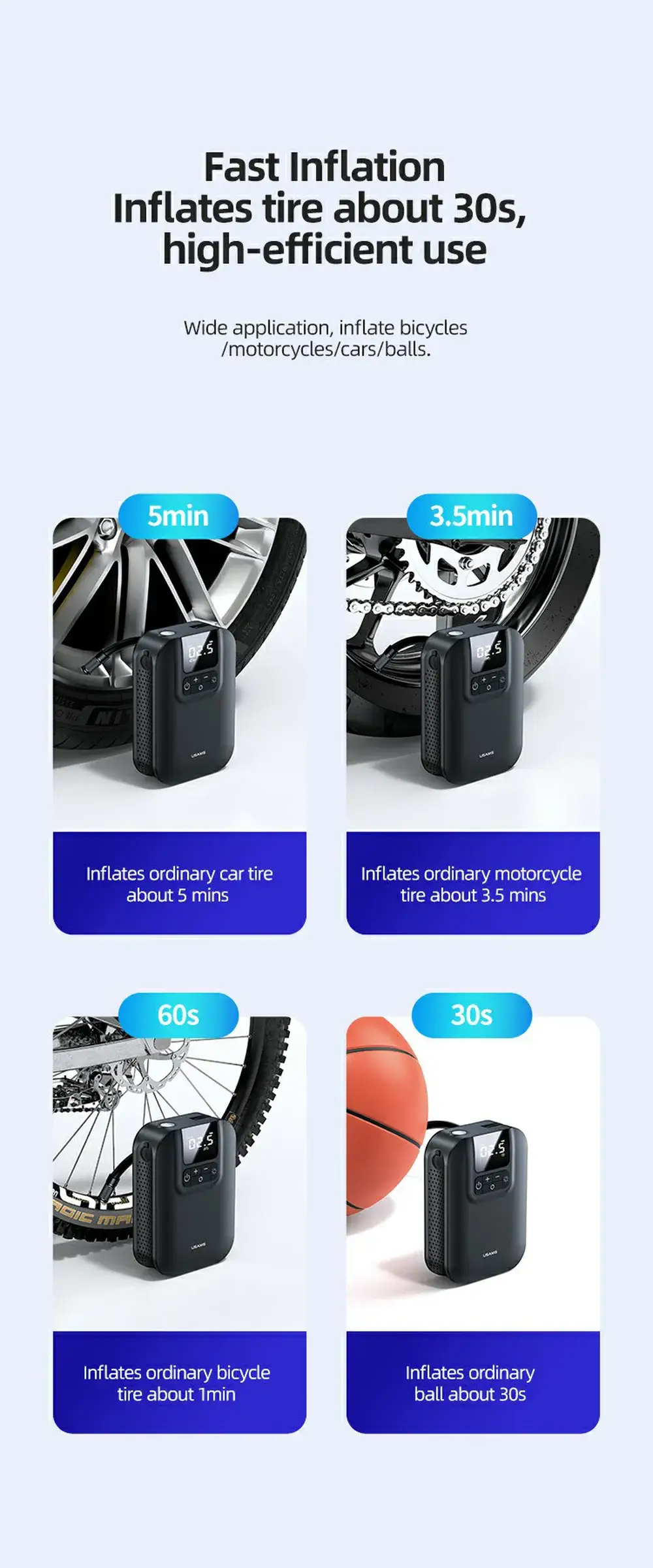 USAMS US-ZB215 Mini Digital Electric Tyre Tire Inflator Compact 5000mAh Auto Air Inflatable Pump for Car and Bicycle