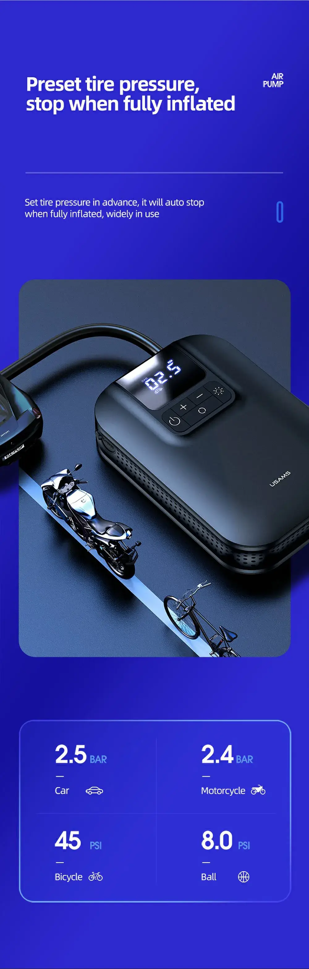 USAMS US-ZB215 Mini Digital Electric Tyre Tire Inflator Compact 5000mAh Auto Air Inflatable Pump for Car and Bicycle