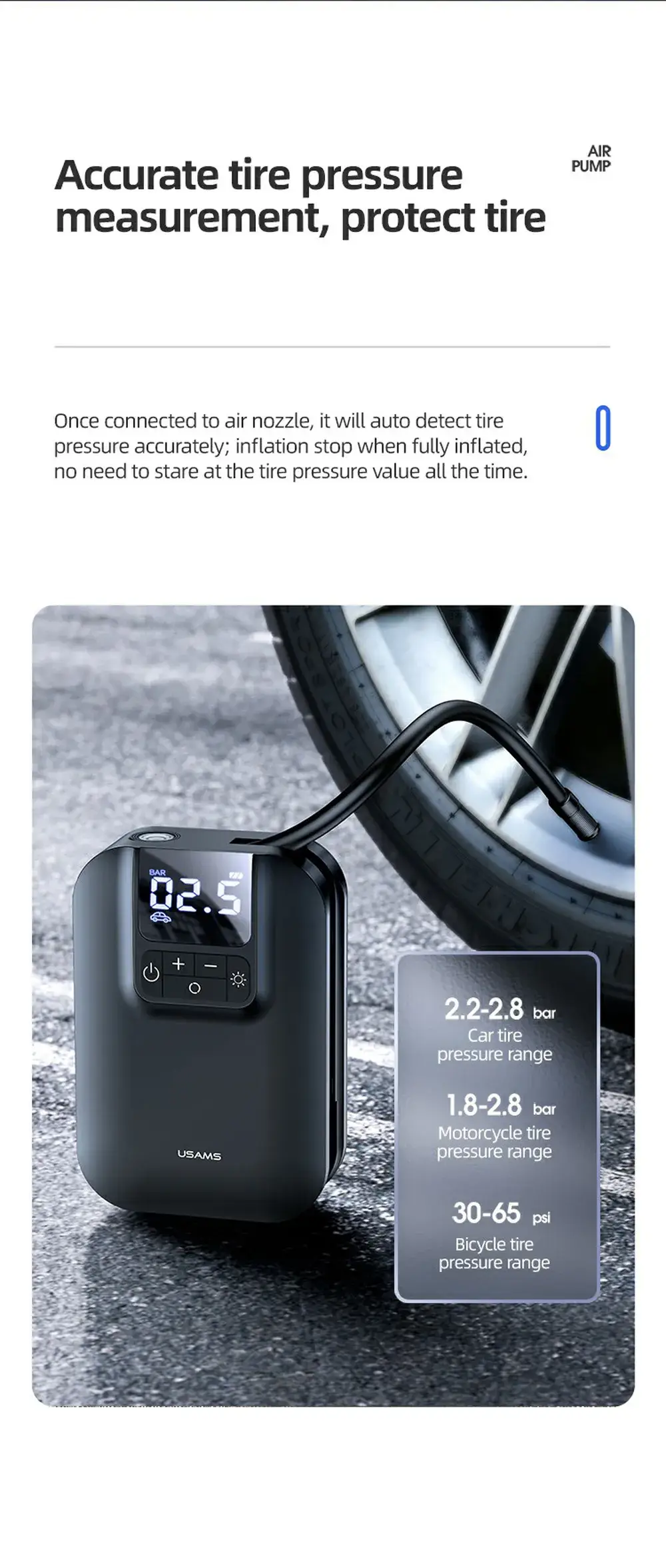 USAMS US-ZB215 Mini Digital Electric Tyre Tire Inflator Compact 5000mAh Auto Air Inflatable Pump for Car and Bicycle