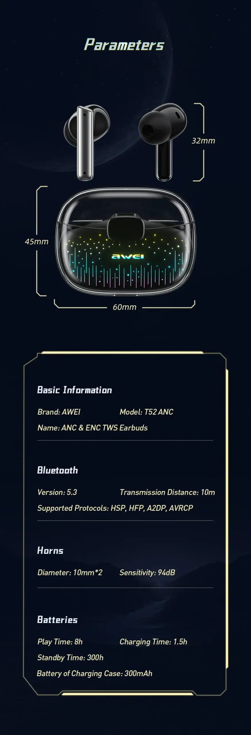 Awei T52 ANC True Wireless Bluetooth Earbuds
