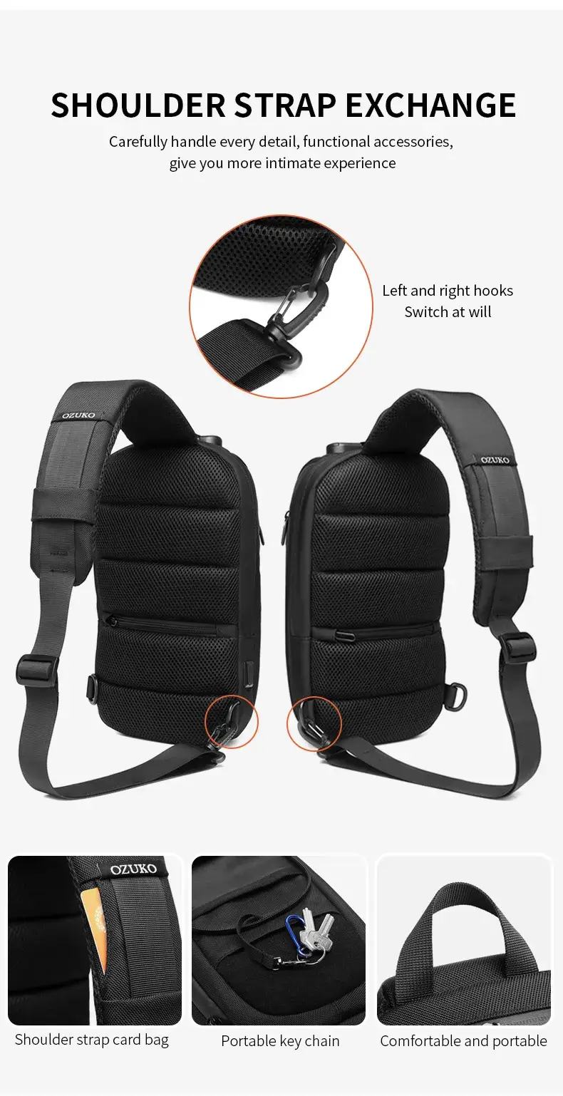 Ozuko 9361 Waterproof Anti-Theft USB Chest Pouch Mobile Shoulder & Fanny Crossbody Bag