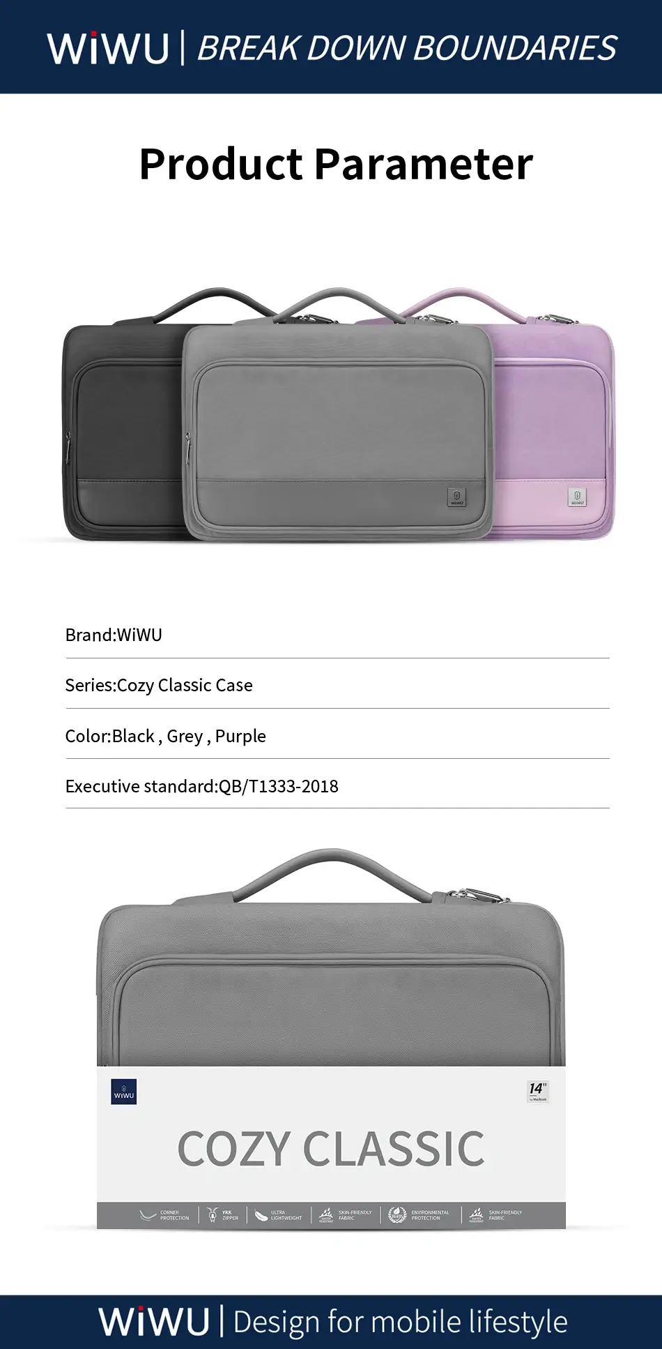 WiWU Cozy Classic Waterproof Polyester Laptop Sleeve with Anti-Drop Design & Carry Handle