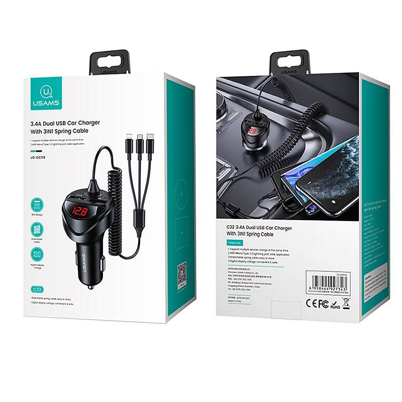 Usams 3 in 1 Spring Cable 3.4A Dual USB Car Charger Usams 3 in 1 Spring Cable 3.4A Dual USB Car Charger