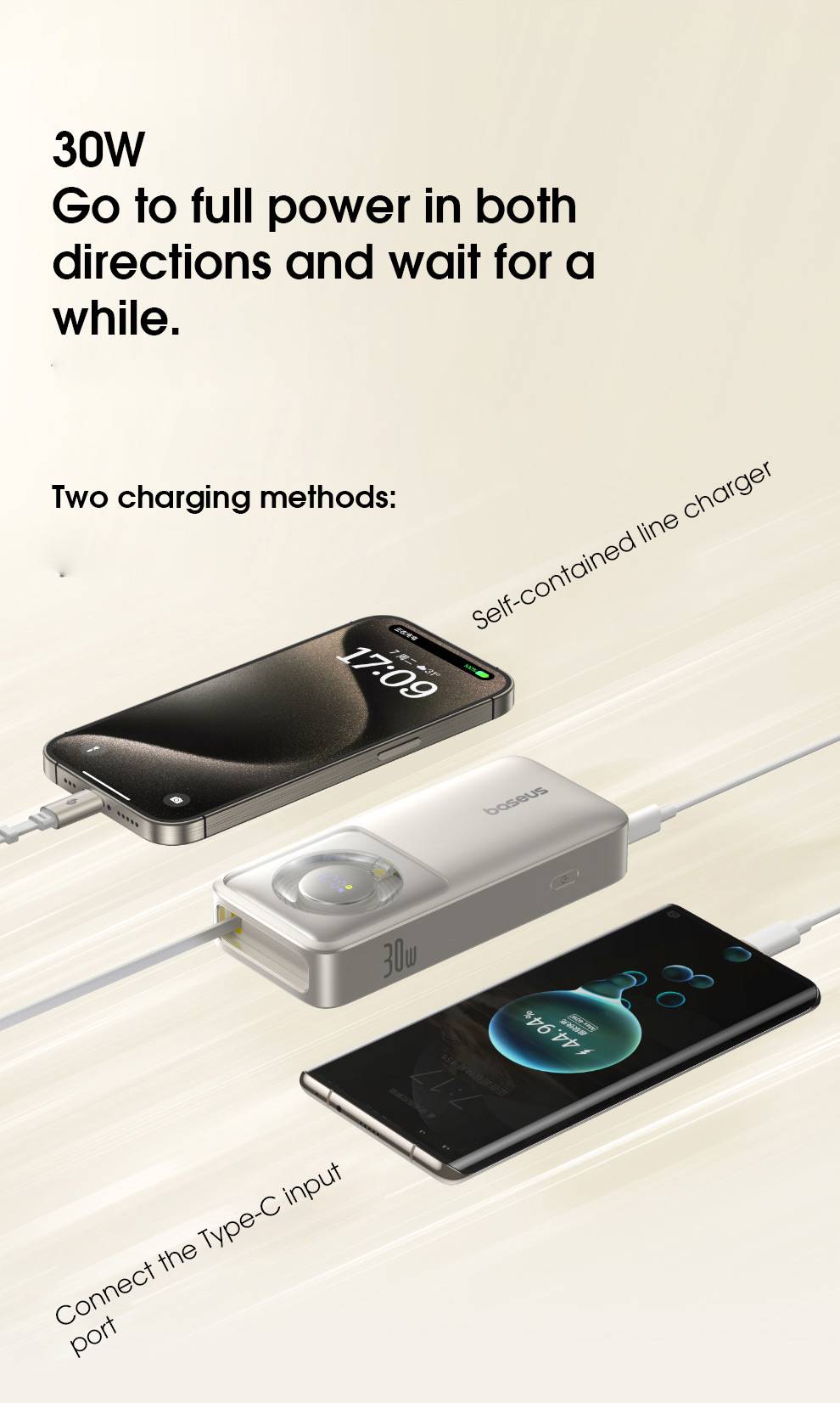 Baseus NOMOS 30W 20,000mAh Power Bank with Digital Display & Built-in Retractable Cable