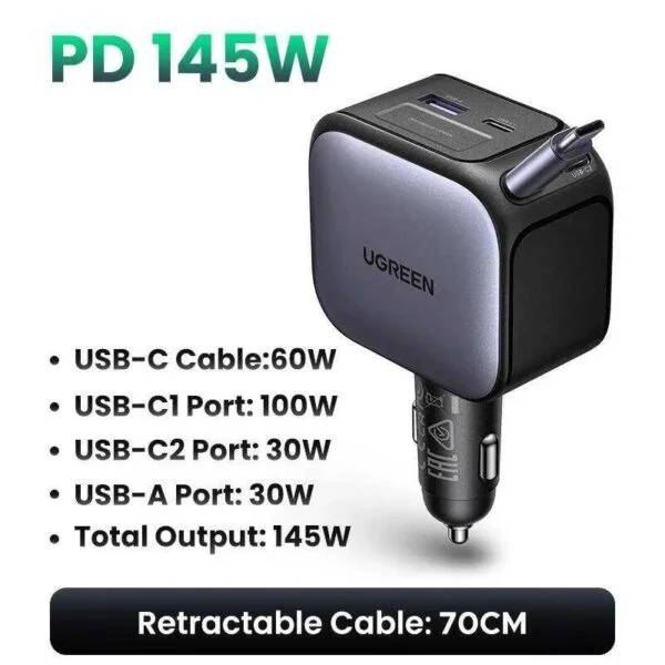UGREEN 60W/90W/145W High-Power Car Charger with Fast Charging Support