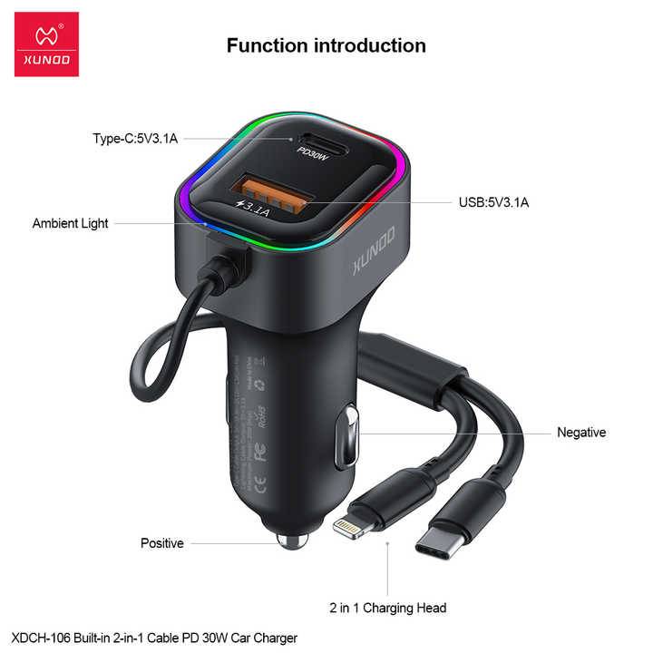 XUNDD XDCH-106 30W PD Fast Car Charger with 2-in-1 Cable