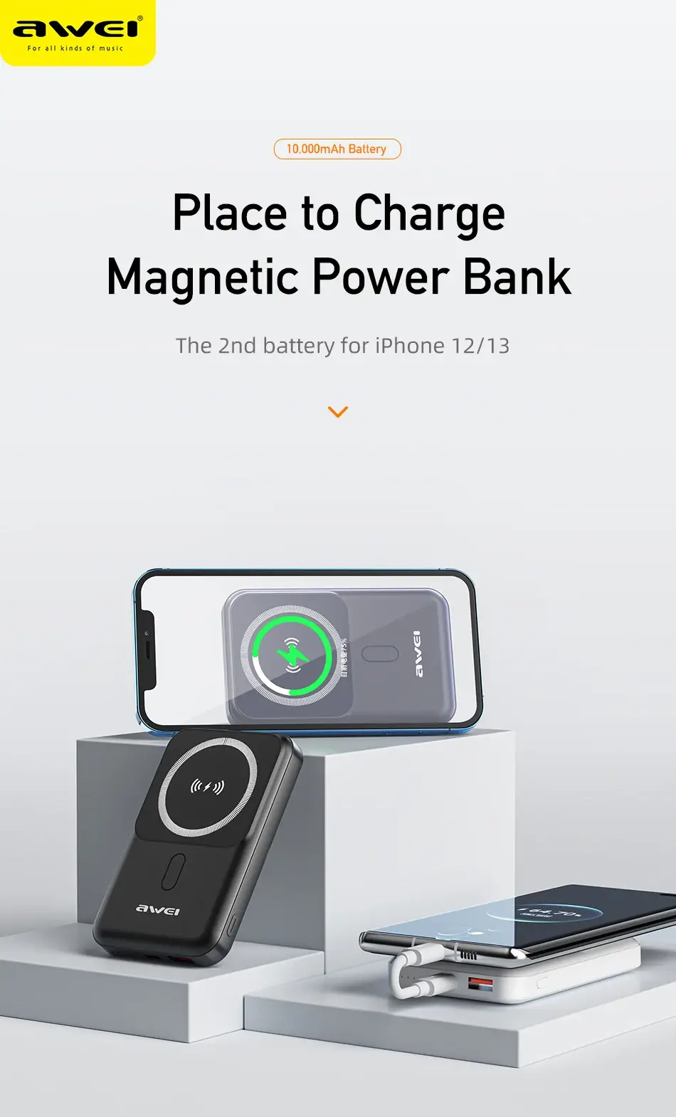 AWEI P139K 10,000mAh Fast Charging Power Bank 22.5W Wired & 15W Wireless Magnetic with Stand
