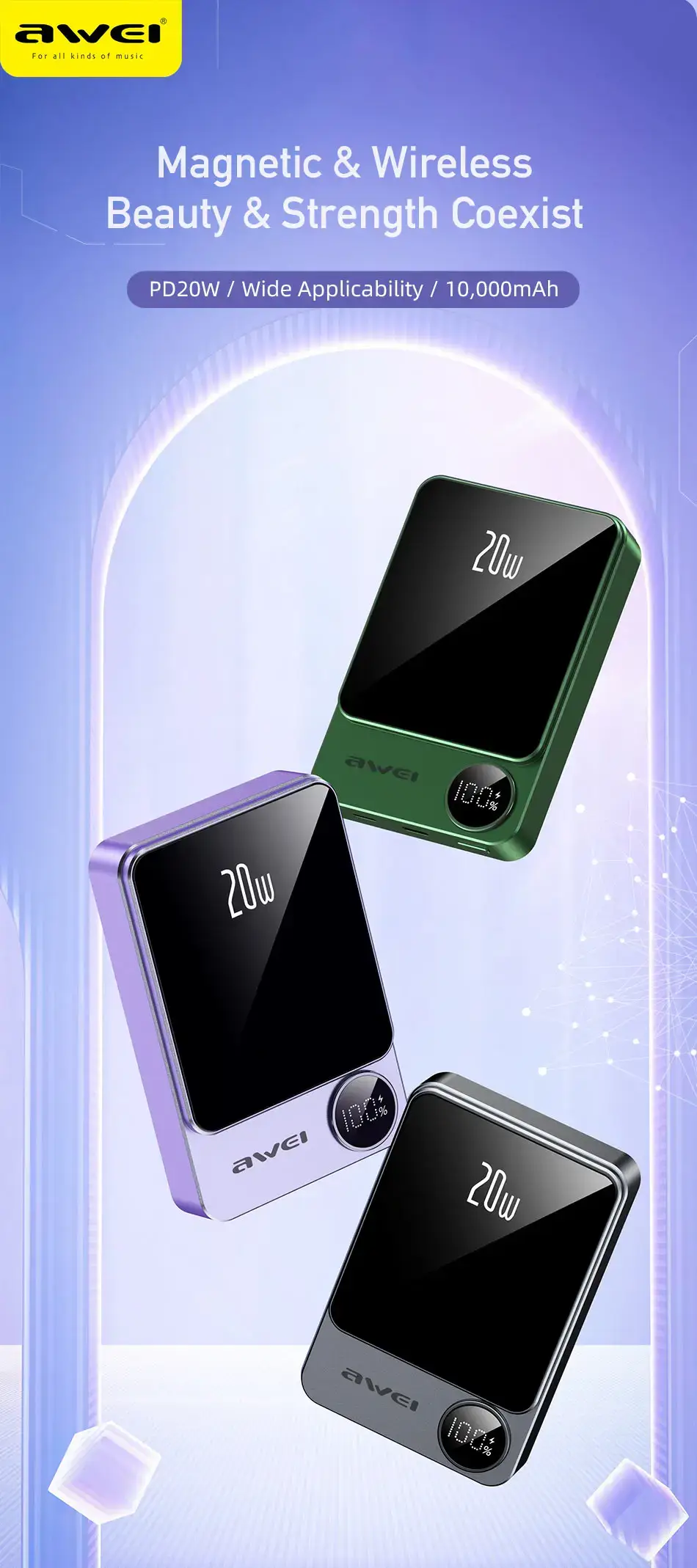 Awei P39K 10000mAh 20W PD Magnetic Wireless Power Bank