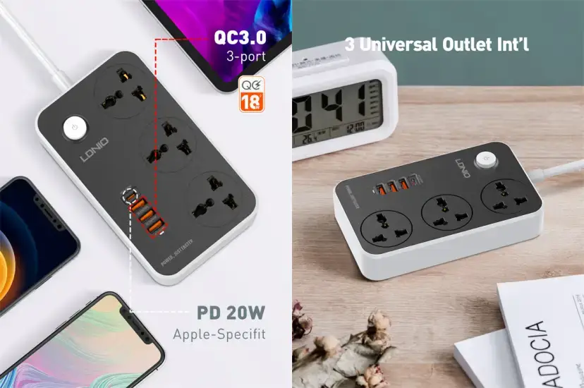 LDNIO SC3412 Power Strip with 3 Outlets & Fast Charging USB Ports