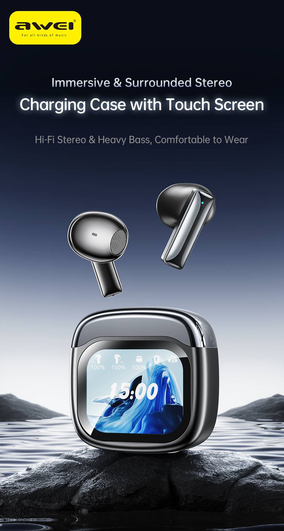AWEI TP100ENC Touchscreen Bluetooth Headset with Color Display