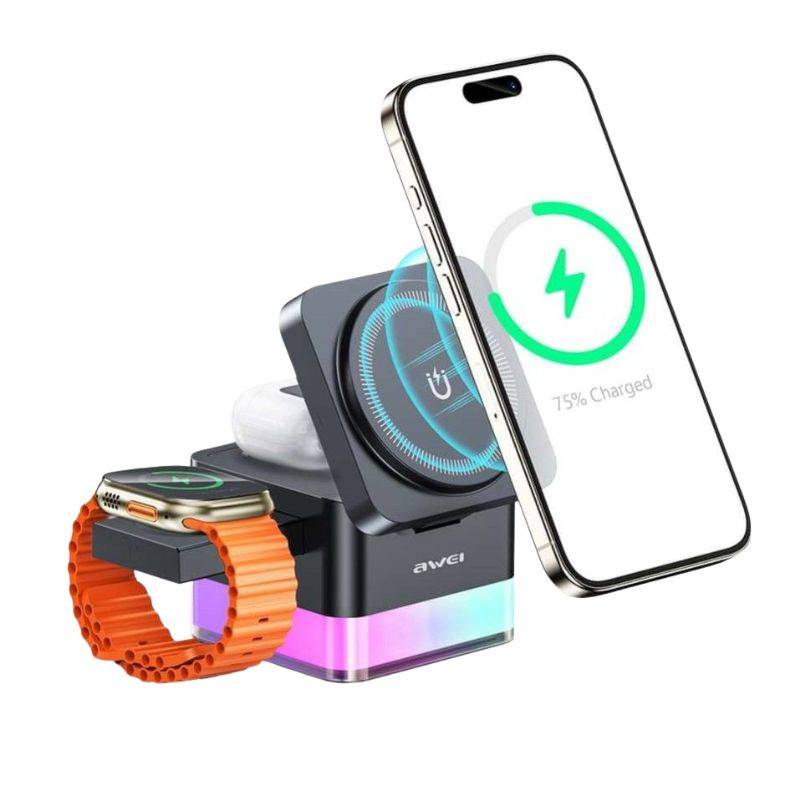 Awei W25 3 in 1 Desktop Charger Magnetic Wireless Charger Awei W25 3 in 1 Desktop Charger Magnetic Wireless Charger