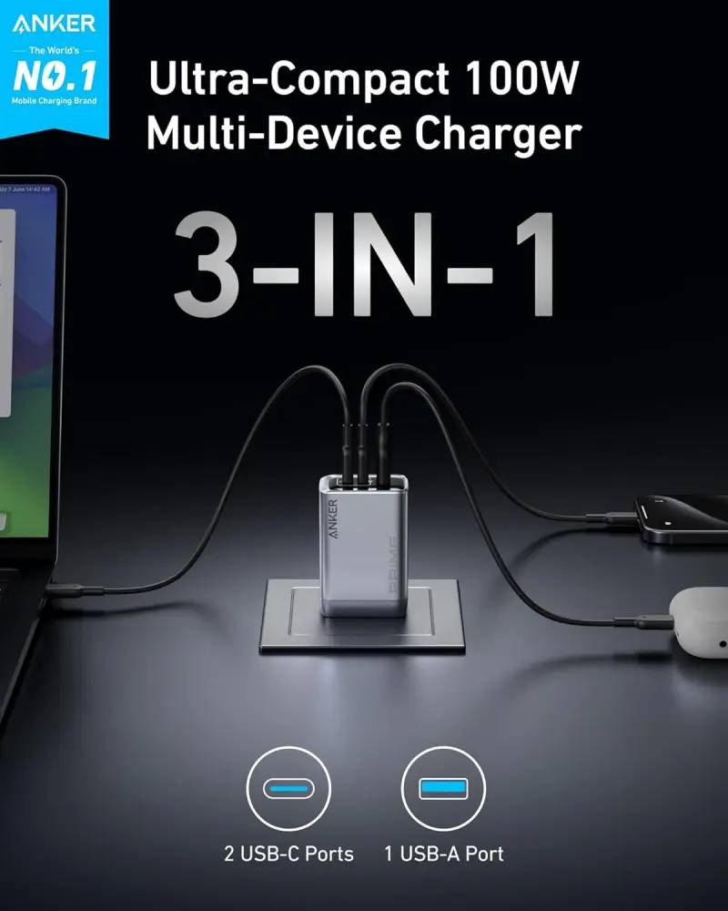 Anker A2688 Prime 100W GaN Wall Charger 3-Port High-Power Portable Adapter