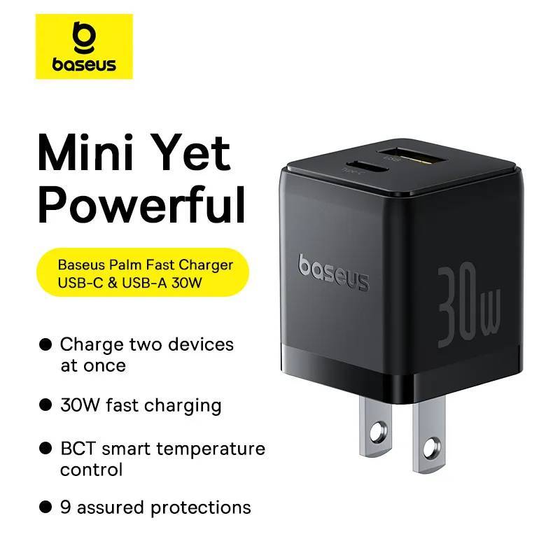 Baseus Palm Series 30W Dual-Port PD Fast Charger 1× USB-A & 1× USB-C Output (US Plug)