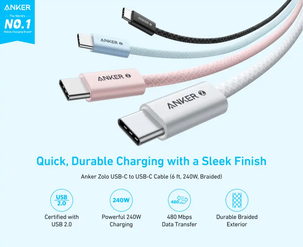Anker Zolo A8060 240W USB-C to USB-C High-Speed Braided Charging Cable