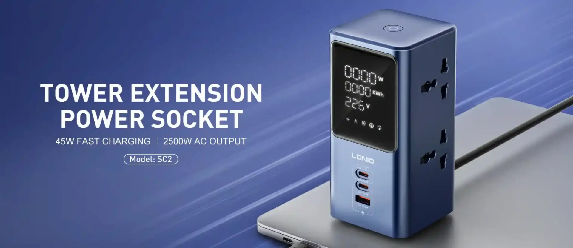 LDNIO SC2 45W GaN PD Fast Charging 7-in-1 Power Strip with LED Display