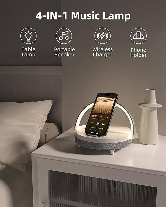 EZVALO 4-in-1 Touch Bedside Lamp Wireless Charger Bluetooth Speaker Phone Holder & Dimmable LED Night Light