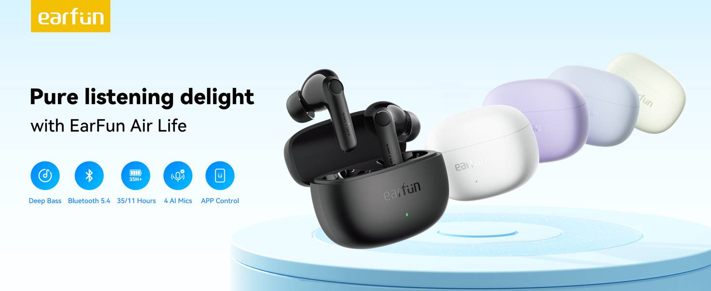 EarFun Air Life Wireless Earbuds Deep Bass AI ENC 35H Playtime Wireless Charging
