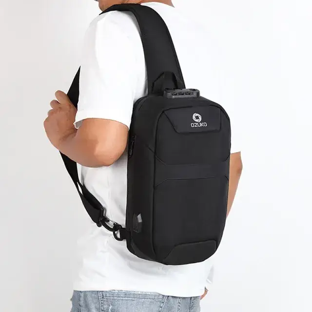 Ozuko 9270 Men's Waterproof Anti-Theft Sling Bag USB Charging Nylon Sports Chest & Crossbody Satchel