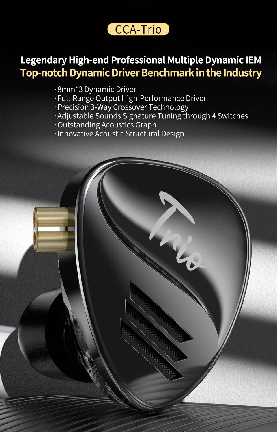 CCA Trio Triple 8mm Dynamic Driver In-Ear Monitor (IEM)