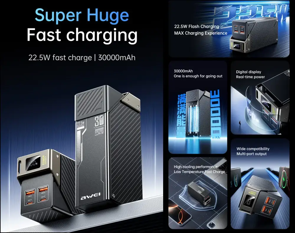 Awei PA-32 30000mAh 22.5W Fast Charging Power Bank with Dual USB & Type-C Output