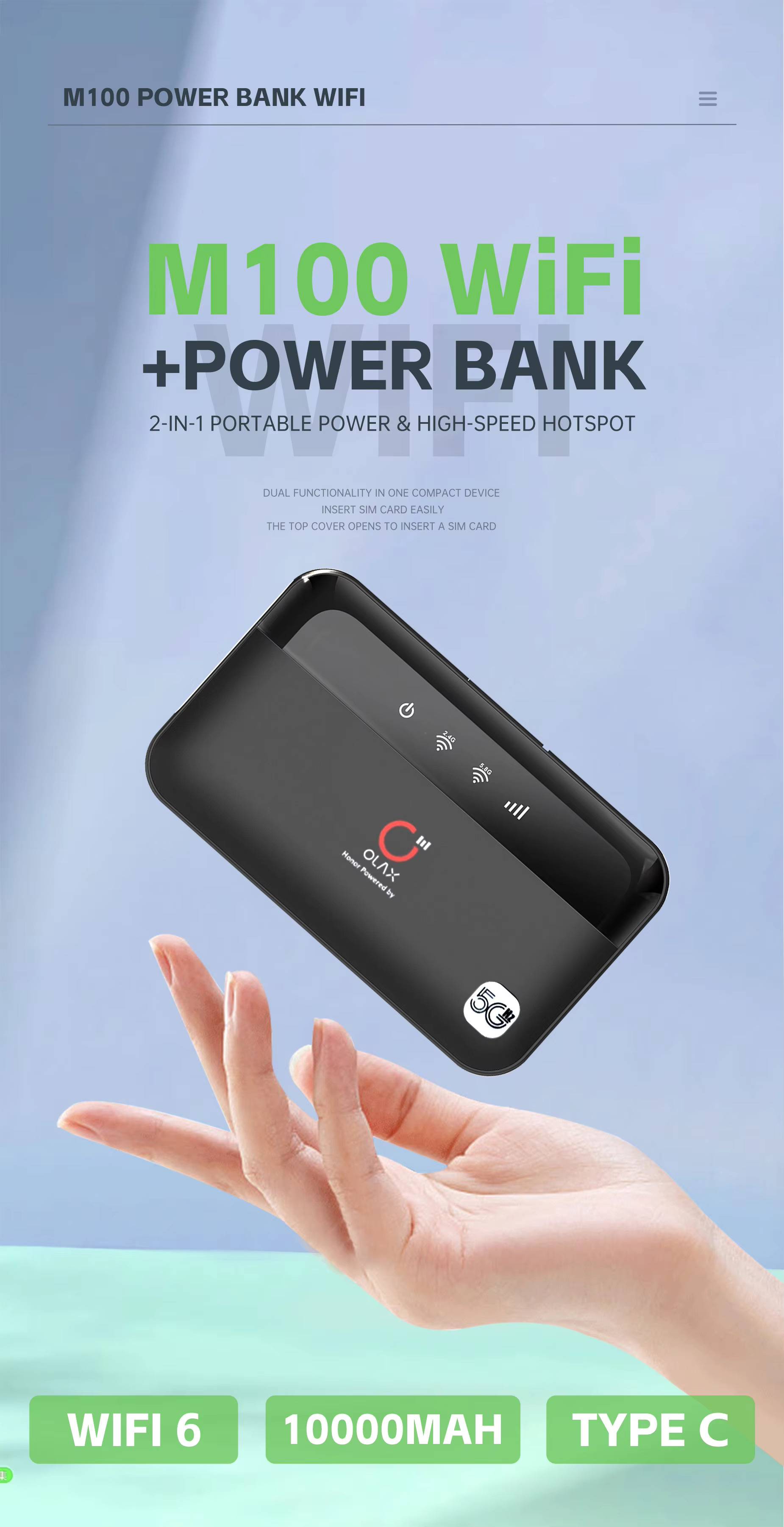OLAX M100 4G/5G Pocket Router with Wi-Fi 6 and 10000mAh Battery