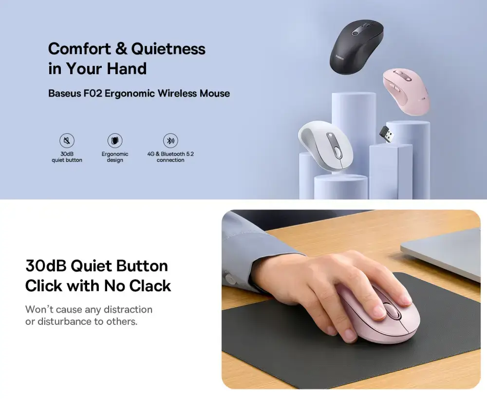 Baseus BS-F02 Dual Mode Wireless Bluetooth Mouse 5.2 & 2.4G Connectivity
