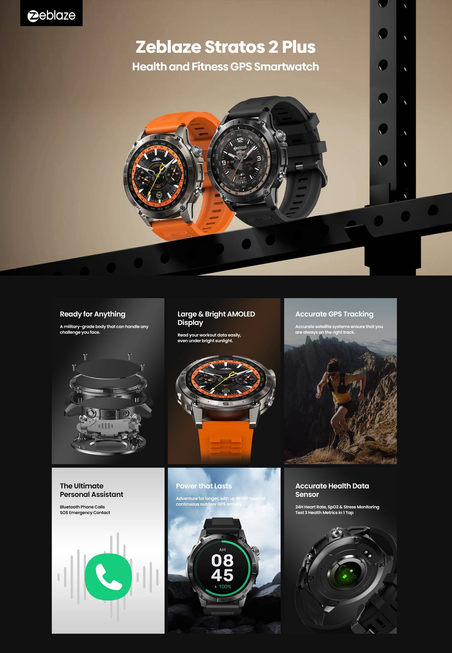Zeblaze Stratos 2 Plus GPS Smartwatch AMOLED Display Fitness & Health Tracking