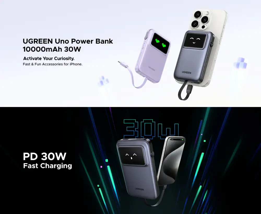 UGREEN PB511 10000mAh 30W Fast Charging Power Bank with Built-in USB-C Cable