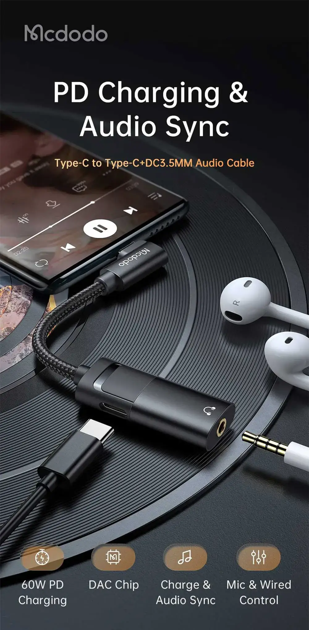 Mcdodo CA-1880 60W PD USB-C to USB-C & 3.5mm AUX Audio Cable