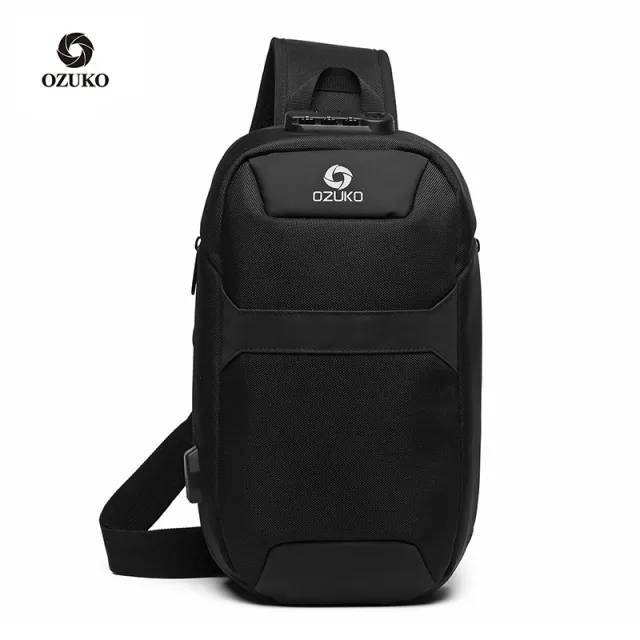 Ozuko 9270 Men's Waterproof Anti-Theft Sling Bag USB Charging Nylon Sports Chest & Crossbody Satchel