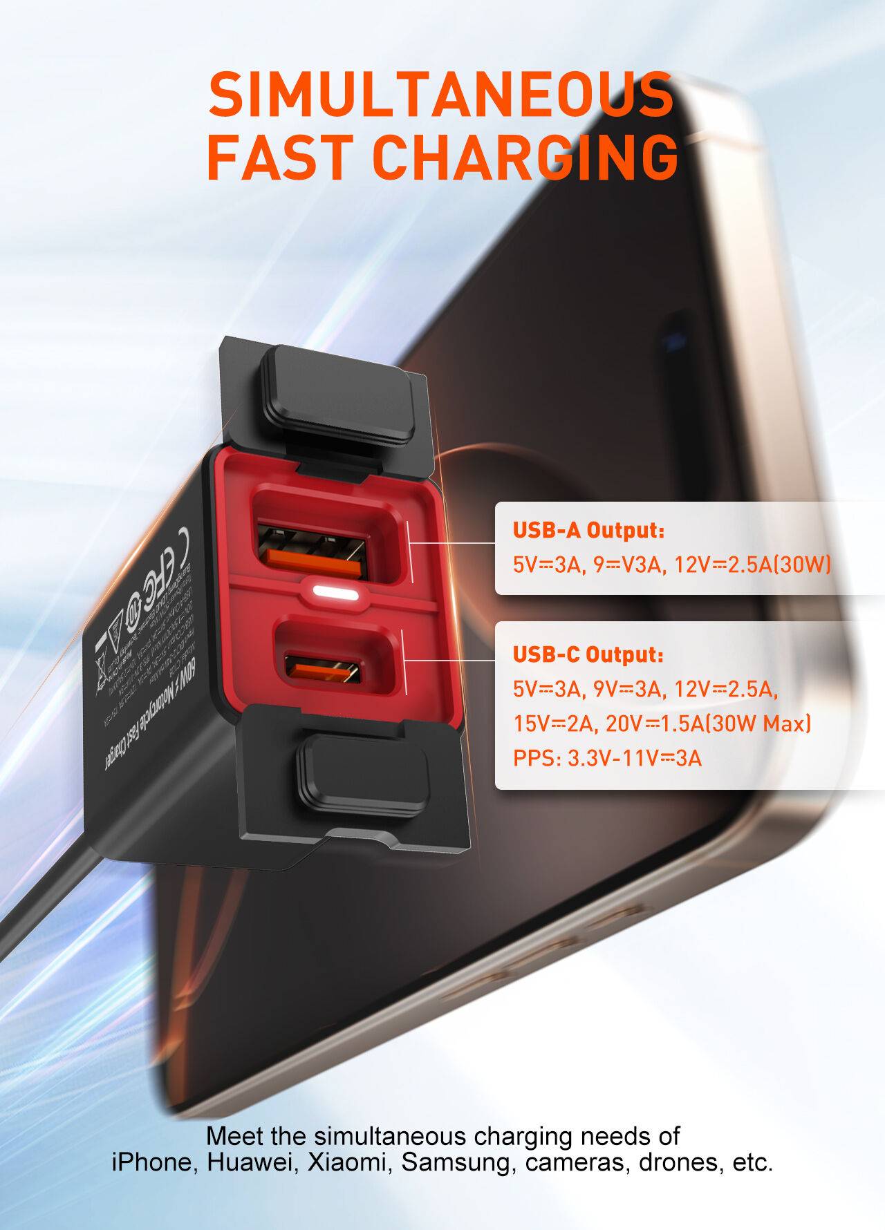 LDNIO C108 60W Waterproof Fast Car Charger Wired Extension Cord for Motorcycles