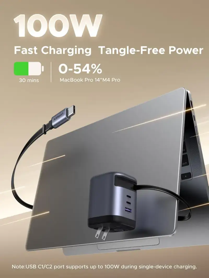 UGREEN Nexode X606 100W GaN USB-C Retractable Fast Charger with Built-in Cable