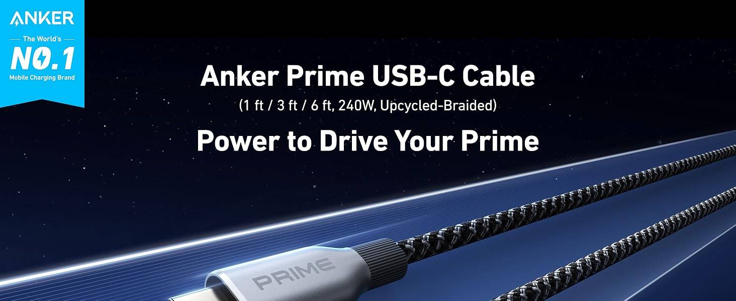 Anker Prime 240W USB-C to USB-C Cable 3ft Upcycled Nylon 100-Year Durability