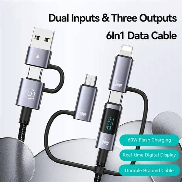 USAMS SJ713 60W Fast Charging 6-in-1 Data Cable with Digital Display