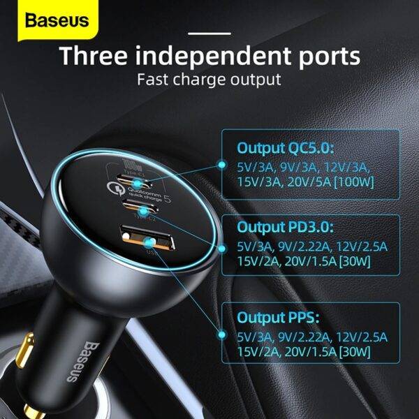 BASEUS 160W Multi-Port Car Charger Fast with Qualcomm QC 5.0 Type-C + Type-C + USB Power Adapter