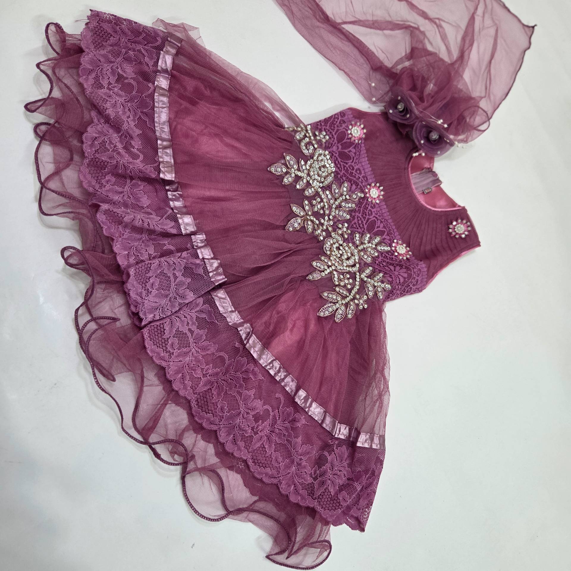 Beaded Net & Lace Layered Party Frock with Matching Headband