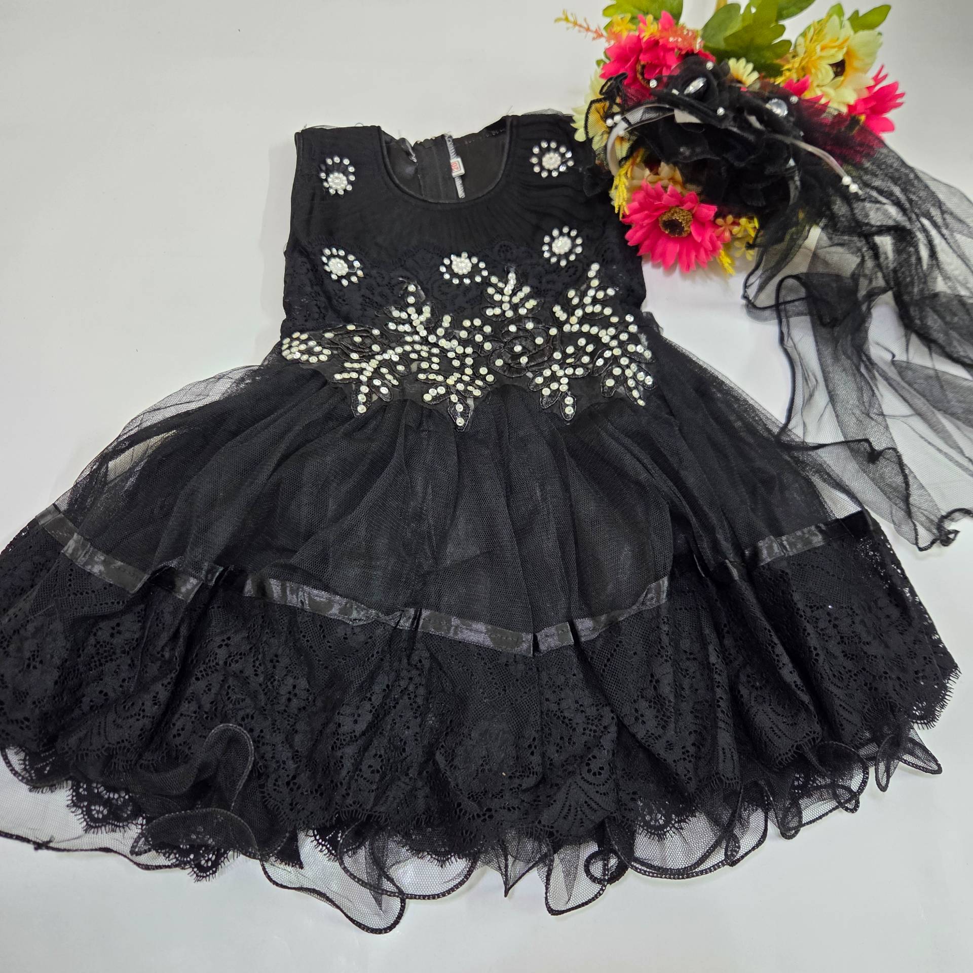 Beaded Net & Lace Layered Party Frock with Matching Headband