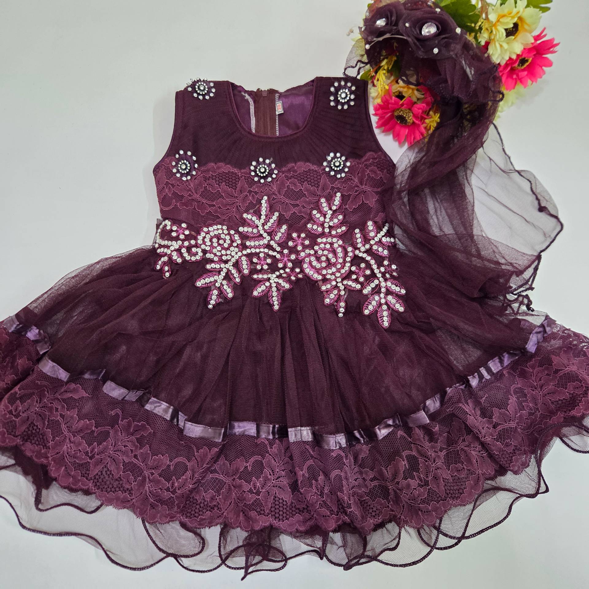 Beaded Net & Lace Layered Party Frock with Matching Headband