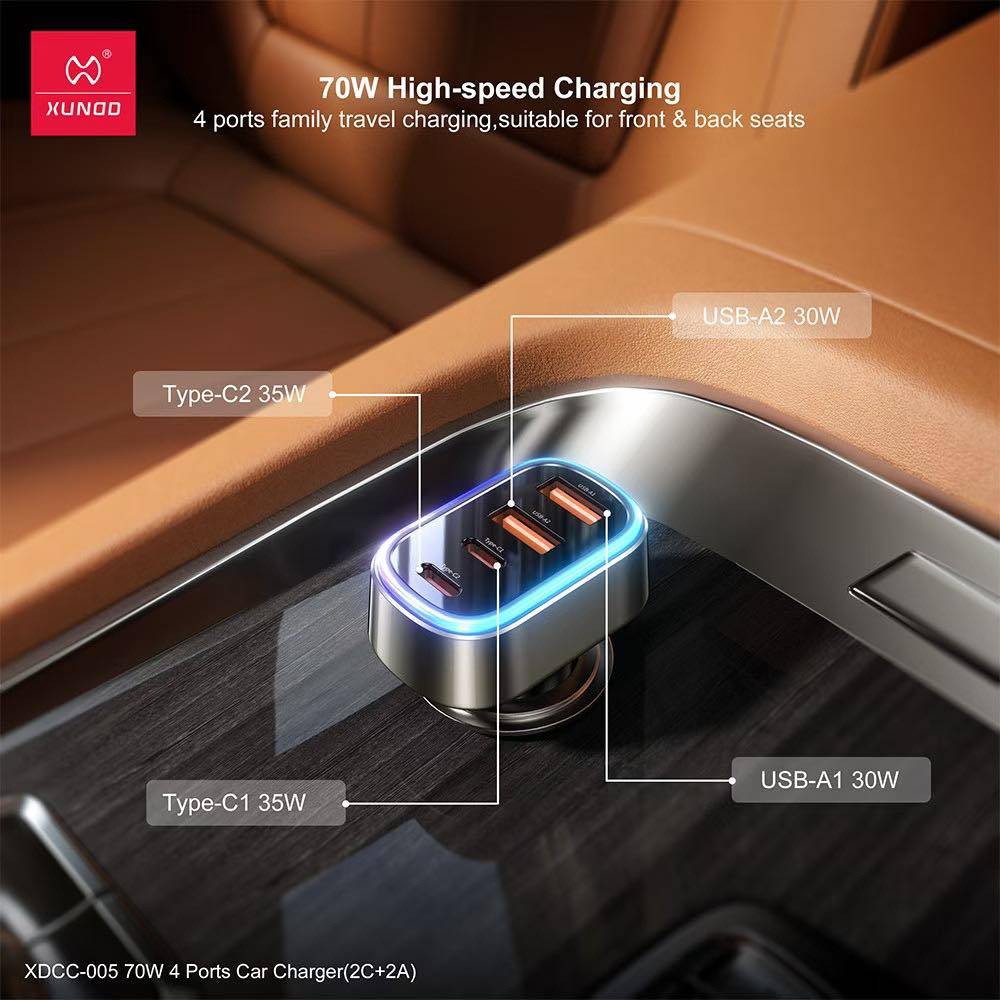 XUNDD XDCC-005 70W Dual USB-C & Dual USB-A 4-Port Fast Car Charger