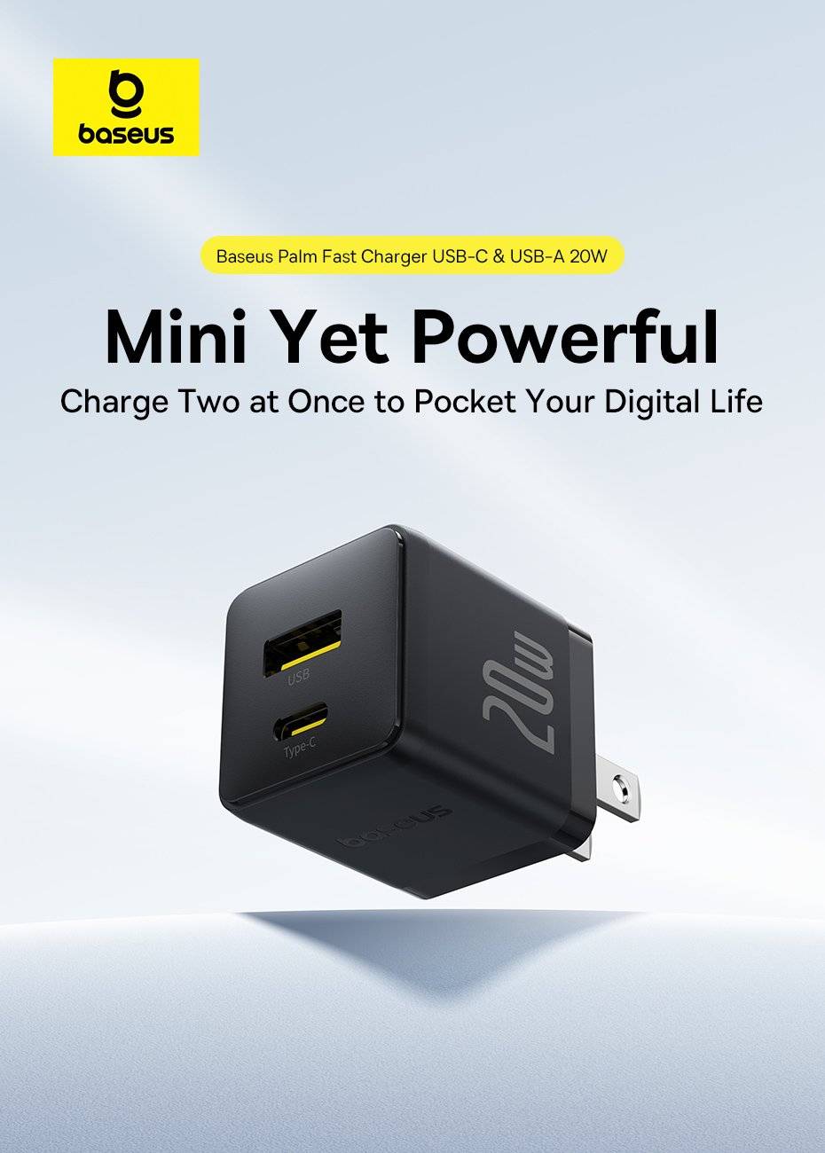 Baseus Palm Series 20W Fast Charger with USB-C and USB-A US Plug Ports