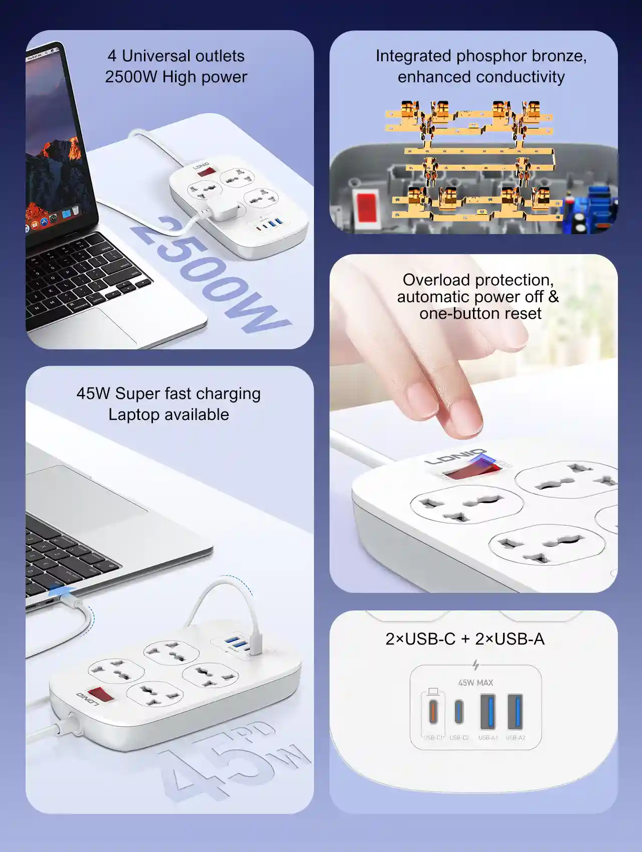 LDNIO SC4407C Universal Power Strip with 4 AC Outlets & 45W USB Fast Charging