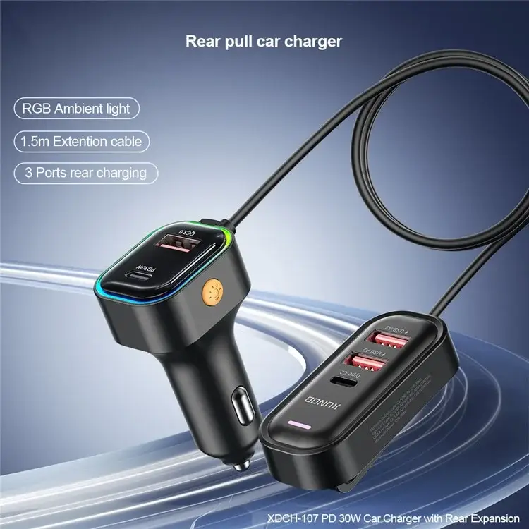 XUNDD XDCH-107 30W PD Fast Car Charger with Rear Seat Charging Ports & RGB Ambient Light