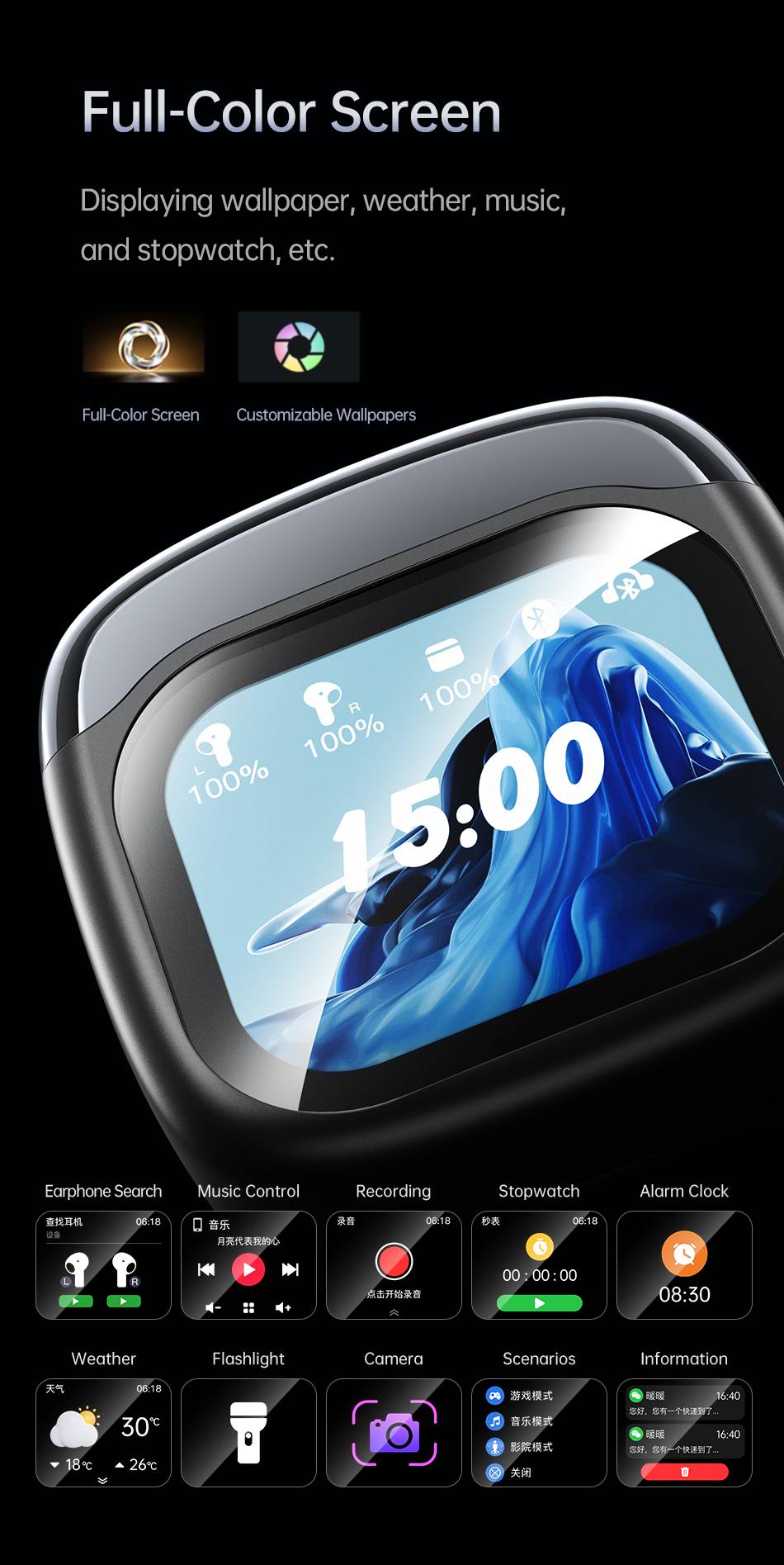 AWEI TP100ENC Touchscreen Bluetooth Headset with Color Display